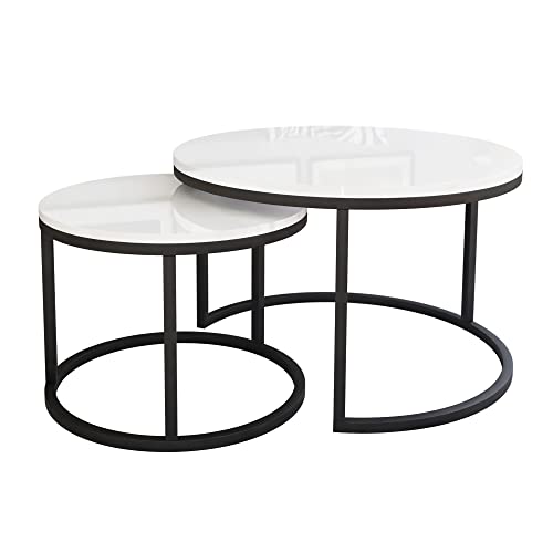 lukmebel Couchtisch rund - CIRI 2in1 - Beistelltisch rund - Kaffetisch - Industrial Deko - Deko Wohnzimmer - Kleiner Beistelltisch - Sofatisch - Kleiner Tisch - Schwarz, Weiß Hochglanz