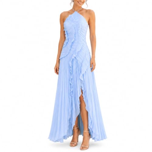 Women's Halter Neck Ruffled Pleated Maxi Dress, Sleeveless Chiffon Asymmetric High Low Hem Formal Cocktail Party Evening Gown for Wedding Guest (US, Alpha, Medium, Regular, Regular, Blue)