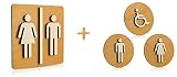 Plaque de WC en bois pour porte de toilettes - Pictogramme - Couleur noyer clair - Diamètre : 12 cm