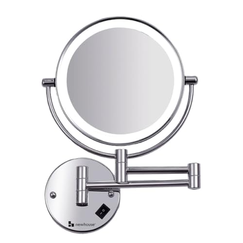 Newhouse Chrome LED Hardwired Magnifying Mirror NHMM-001-H, Lighted Makeup Mirror with Magnification, Round Arm-Mounted Mirror with Halo Light