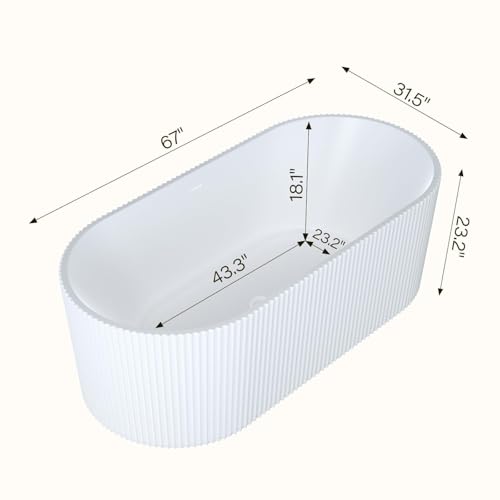 Image of 59 Inch Acrylic Freestanding Bathtub, Deep Soaking Tub with Non-Slip Base, cUPC Certified Free Standing Tub, Chrome Drain Bath Tub, Modern Tub for Bathrooms, White