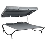 vidaXL Outdoor Double Chaise Lounge, Patio Lounge Bed with Canopy and Pillows, Outdoor Daybed Lounge Chair for Backyard Pool Lawn, Gray