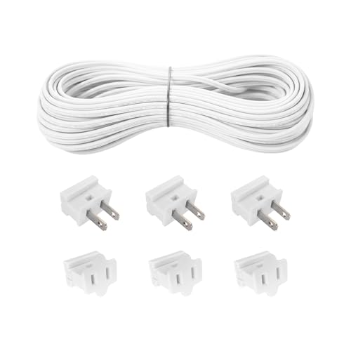 100FT SPT-1 18 AWG Low Voltage 18/2 Electrical Wire with 6PCS Vampire Plugs UL Listed 18 Gauge Bulk Zip Cord Spool 18/2 Extension Wire for Landscape Patio Garden Holiday Outdoor Light(White)