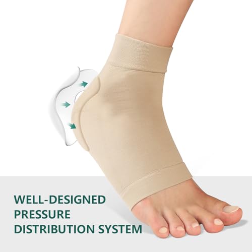 Image of Welnove Achilles Tendonitis Heel Protector Socks - 4 Pcs Achilles Tendon Support Compression Socks - Gel Padded Sleeve for Cushion & Protection of Bursitis, Tenderness, Dry Cracked (Beige,Larger)