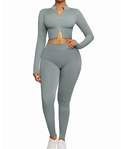 Feelingirl 2 Piece Outfits For Women Workout Sets Long Sleeve Workout Clothes And High Waist Yoga Pants Gray-Blue Xl #TOP10