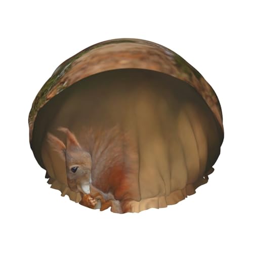 Gorro de ducha impermeable con banda elástica, gorro de ducha reutilizable de doble capa para mujer,Lindo animal ardilla roja Sciurus