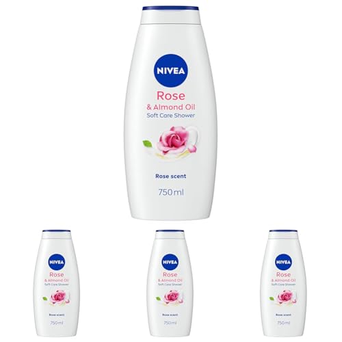 NIVEA Rose & Almond Oil Shower Cream (750ml), Moisturising Shower Gel with Almond Oil, Luxurious Body Wash for Women, Body Wash with Vitamin C, E (Pack of 4)