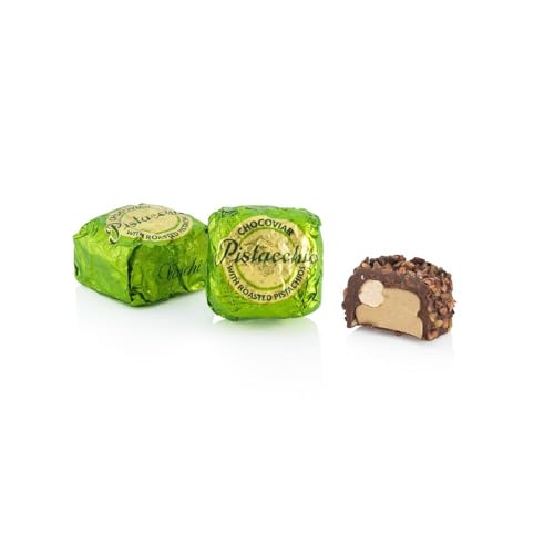 Venchi Chocoviar Pistachio Chocolate 15-Piece Elegant Gift Box - Creamy Pistachio & Hazelnut Paste, Dark Chocolate Shell Topped With Toffee Grains & Cocoa-bean Nibs - Preservative & Gluten Free