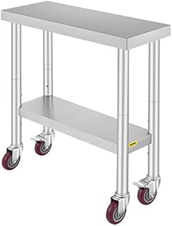Succebuy Stainless Steel Dining Table 762 x 305 mm Commercial Kitchen Table with 4 Wheels Commercial Food Prep Workbench with Flexible Adjustment Shelf for Kitchen Prep Table, Metallic,30X12X34IN