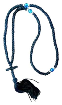 IconsGr Chotki Chapelet Pendentif bénir Chrétien Orthodox Grec fait main 150 noeuds couleur noir avec croix du Mont Athos (Grece)