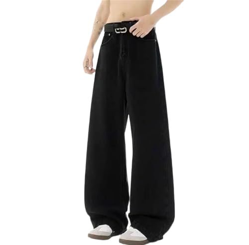 Men Straight Jeans Korean Style Casual Loose Fit Trousers Washed Solid Color Vintage Denim Pants