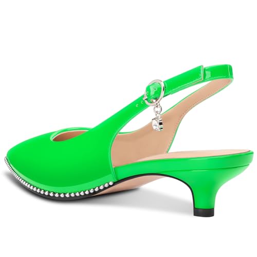 Image of TNYNFBEB Womens Low Kitten Heel Close Pointed Toe Pumps Slingback Silver Beaded Buckle Prom Party Dress Patent Leather 1.4 Inches Heels