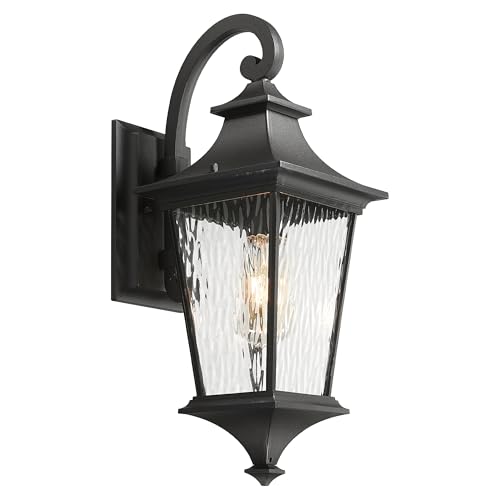 Emliviar Modern Outdoor Porch Light 211 Inch Black Finish Classic Outside Wall Light with Water Ripple Glass Outdoor Wall Mount Lighting for Entryway and Garage XE292BM SW BK