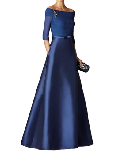 A-Line Elegant Evening Dresses Boat Neck Zipper Back Floor Length Satin Prom Dresses with Pleats 2024