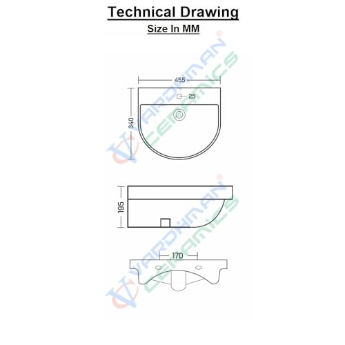 Image of Wash Basin Wall Hung Mounted Glossy Finish White Sink for Bathroom (18 x 13 x 7 Inch)