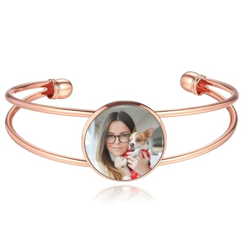 MeMeDIY Personalized Photo Bracelet for Women Engraved Picture Text Name Gold/Silver/Black Open Cuff Bangle Bracelet Heart Charm Custom Jewelry Gift for Mom Wife Friend