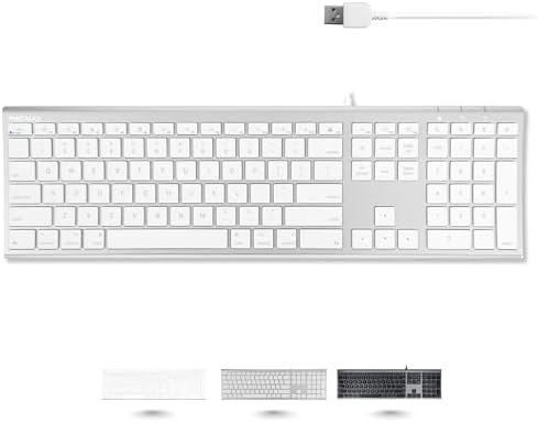 Macally Ultra Slim USB Wired Computer Keyboard - Compatible Apple Keyboard or Windows - Full Size with 20 Mac Keyboard Keys -with Numeric Keypad - Silver Aluminum Finish