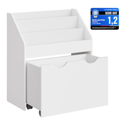 SONGMICS Bücherregal Kinder, Kinderregal, Spielzeugregal, mit 3 Regalebenen, Aufbewahrungsbox auf Rollen, multifunktional, für Kinderzimmer, Spielzimmer, wolkenweiß GKR041W10