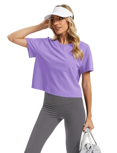 Image of SMENG Women's Crop Tops Cotton Loose Fit Tshirt Basic Short Sleeve Shirt