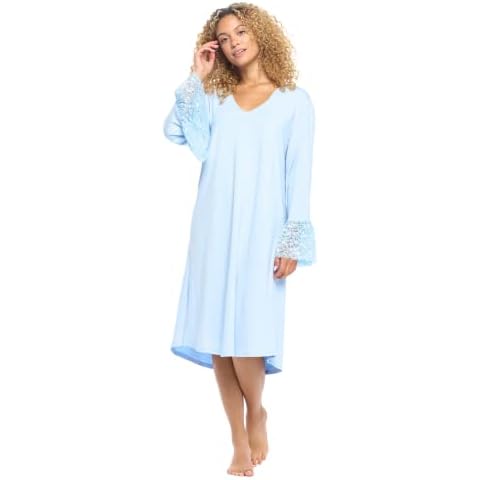 Undersummers Lux Cotton Soft Nightgown for Women, Longsleeve Nightgowns with Lace, Casual Loose Fit Loungewear for Ladies (2X, Iced Blue) Cover