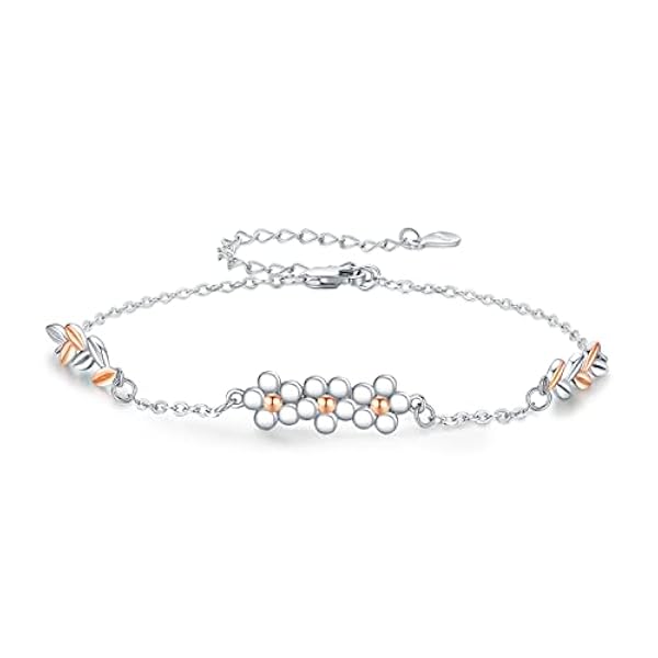 Pulsera tobillera con margaritas para mujer, de plata de ley 925, ajustable, con margaritas, para playa, para verano, para mamá, hija, cumpleaños, 7 inches, Plata de ley
