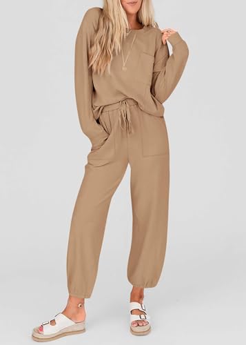 KIRUNDO Lounge Sets for Women 2026 Fall Airport Travel Outfits Ribbed Knit Tops Jogger Pants Tracksuit Postpartum Comfy Set(Khaki, XX-Large) — view 3