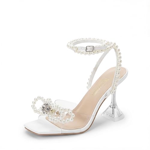 DREAM PAIRS DREAM PAIRS Stiletto Bow Heels for Women Strappy Sparkly Rhinestone Square Toe Clear Crystal High Sandals for Party Wedding,Size 9,White-Pearl,SDHS2481W