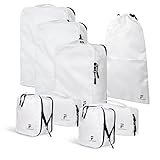 8 Piece Compression Packing Cubes Set - Double Capacity Design for Travel - Small, Medium & Large Sizes - Carry-On Suitcase Organizer Bags (White)