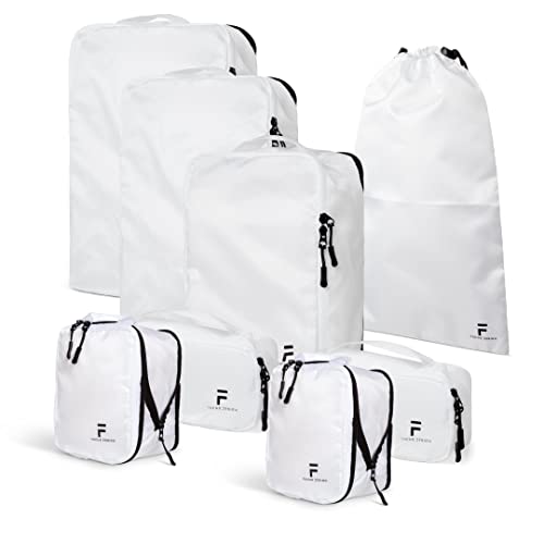 8 Piece Compression Packing Cubes Set – Double Capacity Design for Travel – Small, Medium & Large Sizes – Carry-On Suitcase Organizer Bags (White)