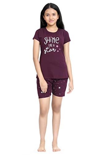 Image of Kids Night Suit for Girls - Cotton Set of Pyjama & T-Shirt Sleepwear - Lightweight & Comfortable Night Wear for Kids