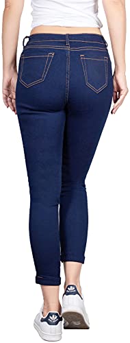 BodiLove Women's Super Stretchy Ripped Ankle Length Mid Rise 5 Pockets Comfy Skinny Cropped Jeans Performance Everyday Back to School Party Denim Blue 94
