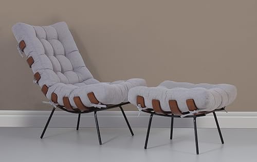 Poltrona Costela Roncalli + Puff Linho Bege Tecido Sustentável Lâ...