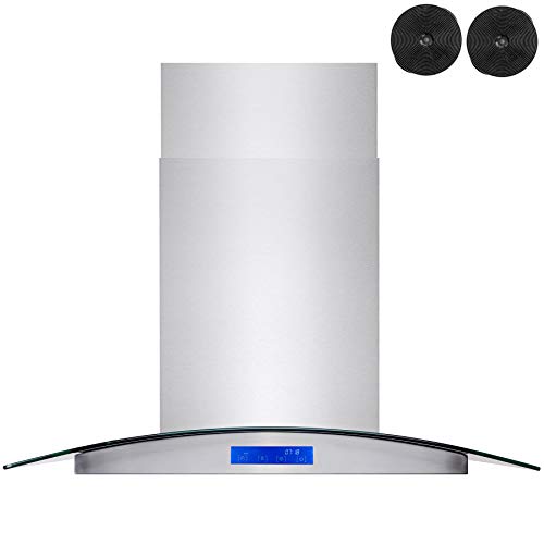 FIREBIRD 36" Stainless Steel Island Mount Range Hood with Tempered Glass, LED Light, Touch Control Panel and Carbon Filters