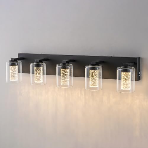 Image of SineRise Bathroom Vanity Light with 3 Color Modes (3000K /4000K /6000K), Eye Protection LED Bathroom Light Fixture, Dimmable Modern Wall Light Over Mirror with Clear Glass Shade (Black, 5-Light)