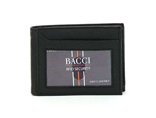 BACCI Bifold Wallet for Men - RFID blocking Leather Wallet with 1 front ID, 1 top flap ID window, 10 cards, 2 plastic inserts 2 inner slots & 2 cash pockets - Ageless Men's Wallet (Black)
