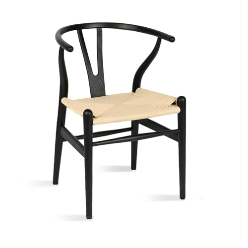 Polynices Wishbone Chair, Weave Modern Solid Wood Mid-Century Y Shaped Backrest Dining Chair (Black + Natural)