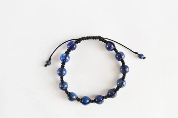 lapis lazuli round smooth 10mm blue color beads adjustable thread cord bracelet for men, women, meditation, healing, yoga, prosperity.