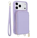 GSASMU Funda Tipo Cartera de Cuero con Cremallera para iPhone 17 Air 16e 16 Pro MAX 15 Plus 14 13 12 11 con cordón Largo y Ranuras para Tarjetas (para iPhone 15 Plus/Morado Claro)