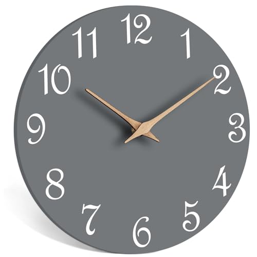 Image of Mosewa Wall Clock Silent Non Ticking Decorative for Bedroom Bathroom Office Living Room Battery Operated Gray Wood Modern Simple(10 Inch)