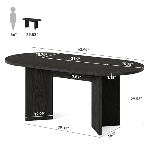 Image of LITTLE TREE 63 inch Rustic Oval Dining Table for 4-6, Sturdy MDF Farmhouse Kitchen Table with Metal Strip Base, for Living Room, Office, Restaurant, Multi-Use, Black