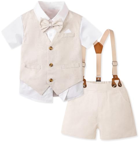 Image of SANGTREE Baby Boy Suit Wedding Ring Bearer Outfits Vest Short Sleeve Bowtie Shirt Suspender Summer Gentleman Shorts Sets