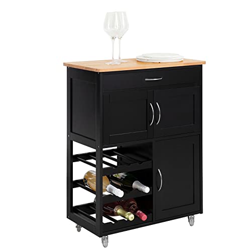 SoBuy Carrito Auxiliar de Cocina con Ruedas Mueble Cocina con Cajón Botellero y Estantes Carro Multifuncional como Mesa Auxiliar para Estantería Cocina Comedor y Exteriores Negro 67x38x86cm FKW45-SCH