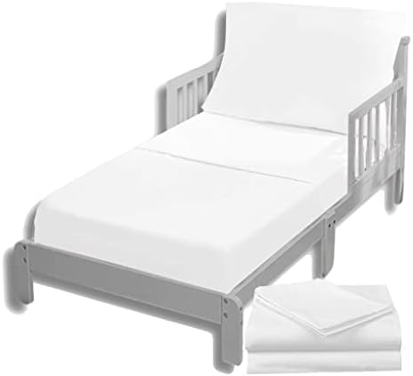 PLAIN PRINTED LINEN 3-Piece Toddler Sheet Set, 100% Cotton Fitted Sheet, Flat Sheet and Envelope Pillowcase, Toddler Bed Set,Crib Sheets Set,Mini Crib Sheets (White Solid)