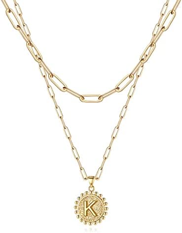 Ursteel Gold Necklace for Women, 14K Gold Plated Dainty Layering Paperclip Chain Necklace Letter K Initial Coin Pendant Necklaces Layered Gold Necklaces for Women Jewelry Gifts Gold Jewelry for Women