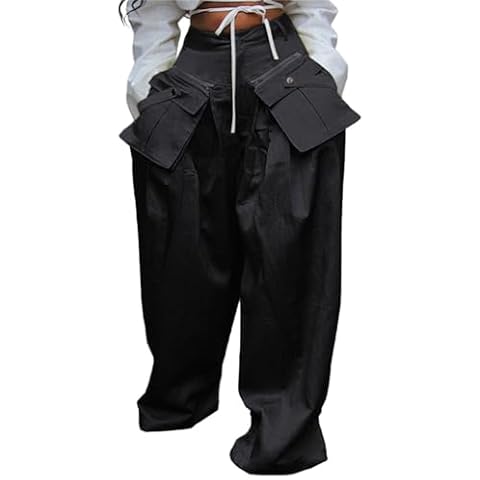 Vakkest Women's High Waist Wide Leg Pants Loose Fit Y2K Detachable Patchwork Pocket Floor Length Comfy Trousers Cover