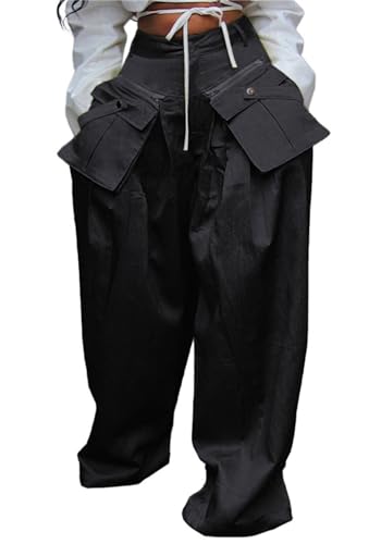 Vakkest Women's Casual Satin Cargo Pants Baggy Wide Leg Folds Pants Streetwear High Waist Palazzo Trousers with Flap Pockets