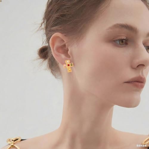 MAX 18K Gold Plated Hammered Cubic Zirconia Cross Pendant Necklace, Studs Earrings | Hypoallergenic All-match Luxury Black String Necklace, Stud Earrings | Ingenious Design Cross Faith Pendant Necklace, Studs Earrings for Women3