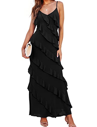 Image of houstil Women's Casual Summer Dress Strap Ruffle Beach Party Maxi Cocktail Evening Holiday Wedding Guest Dresses