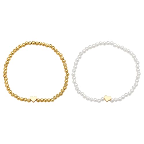 2Pcs Pearl Heart Bracelets for Women Girls Pearl Heart Stretch Bead Bracelet Set for Women Girls Heart Pearl Stackable Bracelets for Women Girls Layered Heart Bracelet for Wedding Party Prom