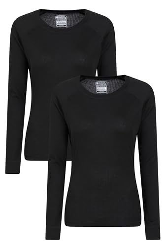 Mountain Warehouse Talus Womens Round Neck Tops - Multipack Ladies Thermal Tee, Lightweight, Quick Drying - Best for, Skiing, Snowboarding to wear as a Baselayer Black (2 Pack) Women's Size 14